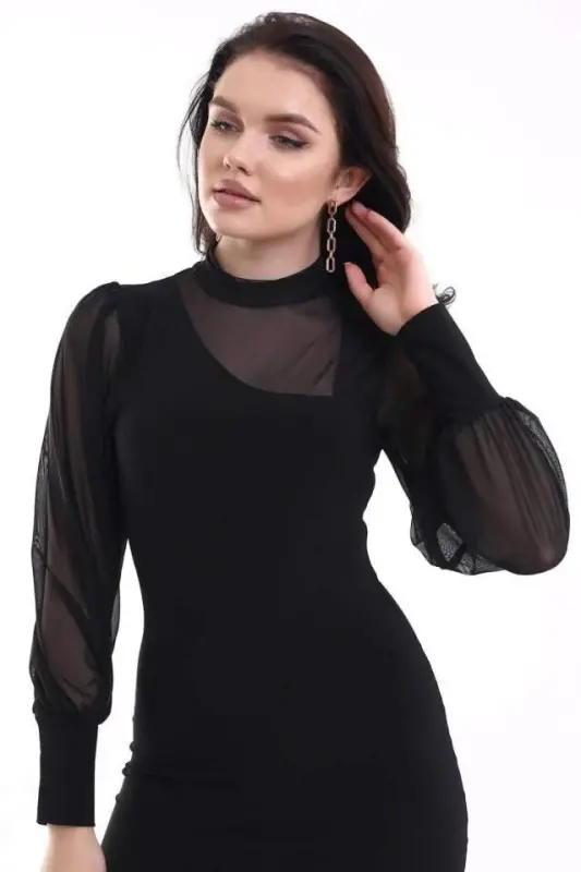 Women's Crew Neck See-Through Detail Opportunity Product Sandy Fabric Mini Dress - 4