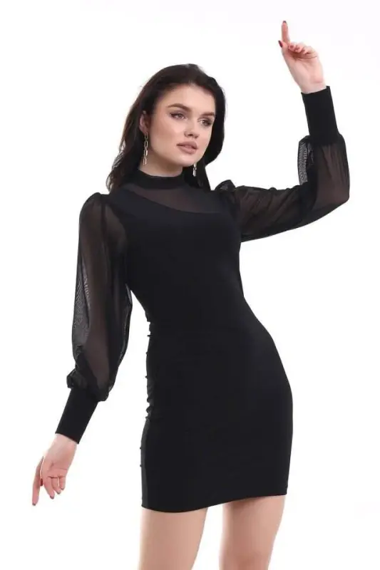 Women's Crew Neck See-Through Detail Opportunity Product Sandy Fabric Mini Dress - 5