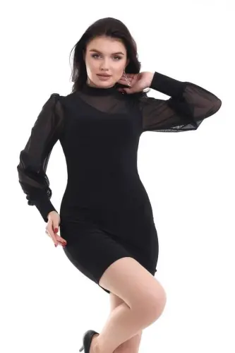 Women's Crew Neck See-Through Detail Opportunity Product Sandy Fabric Mini Dress - 6