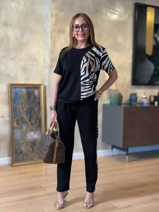 Women's Crew Neck Short Sleeve Leopard Print Blouse and Trousers Two-Piece Set - 4