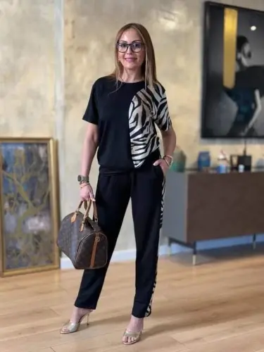 Women's Crew Neck Short Sleeve Leopard Print Blouse and Trousers Two-Piece Set - 5