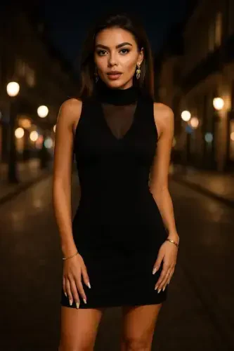 Women's Crew Neck Tulle Detail Sleeveless Mini Dress - 1