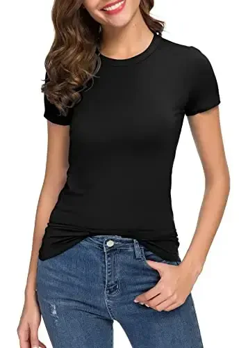 Women's Crewneck Slim Fitted Short Sleeve T-Shirt Stretchy Bodycon Basic Tee Tops - 2