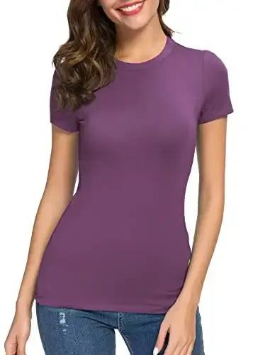 Women's Crewneck Slim Fitted Short Sleeve T-Shirt Stretchy Bodycon Basic Tee Tops - 4