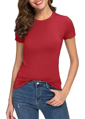 Women's Crewneck Slim Fitted Short Sleeve T-Shirt Stretchy Bodycon Basic Tee Tops - 2