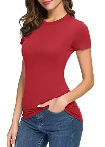 Women's Crewneck Slim Fitted Short Sleeve T-Shirt Stretchy Bodycon Basic Tee Tops - 3
