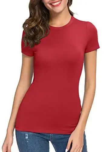 Women's Crewneck Slim Fitted Short Sleeve T-Shirt Stretchy Bodycon Basic Tee Tops - 4