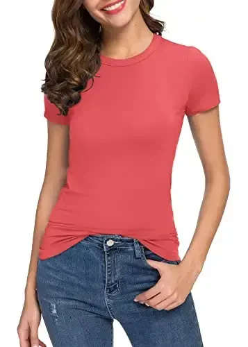 Women's Crewneck Slim Fitted Short Sleeve T-Shirt Stretchy Bodycon Basic Tee Tops - 2