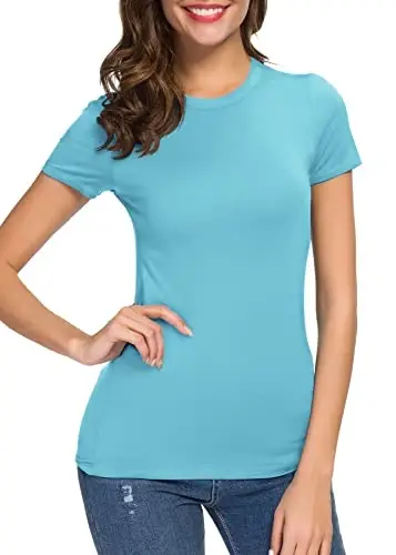 Women's Crewneck Slim Fitted Short Sleeve T-Shirt Stretchy Bodycon Basic Tee Tops - 6