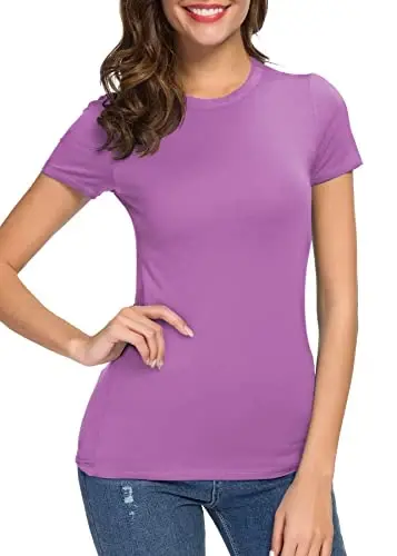 Women's Crewneck Slim Fitted Short Sleeve T-Shirt Stretchy Bodycon Basic Tee Tops - 5