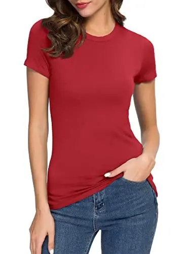 Women's Crewneck Slim Fitted Short Sleeve T-Shirt Stretchy Bodycon Basic Tee Tops - 1