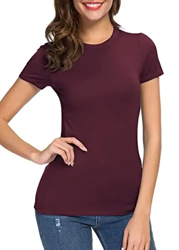 Women's Crewneck Slim Fitted Short Sleeve T-Shirt Stretchy Bodycon Basic Tee Tops - 6