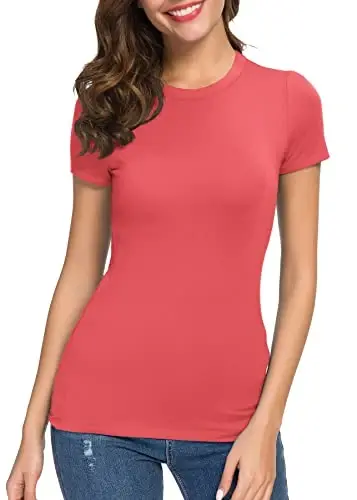 Women's Crewneck Slim Fitted Short Sleeve T-Shirt Stretchy Bodycon Basic Tee Tops - 3