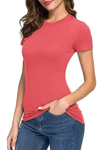 Women's Crewneck Slim Fitted Short Sleeve T-Shirt Stretchy Bodycon Basic Tee Tops - 5