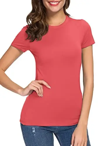 Women's Crewneck Slim Fitted Short Sleeve T-Shirt Stretchy Bodycon Basic Tee Tops - 6