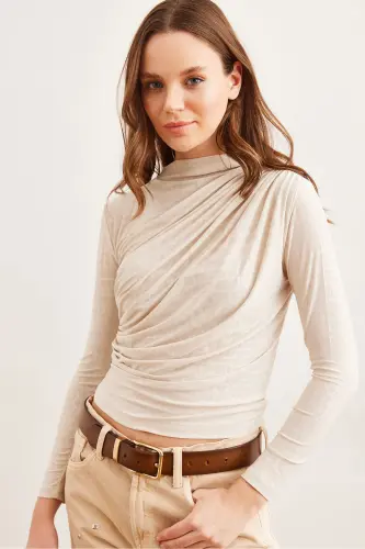 Women's Crocodile Stone Drape Detailed Boat Neck Blouse BLZ-19002807-Crocodile Stone - 6