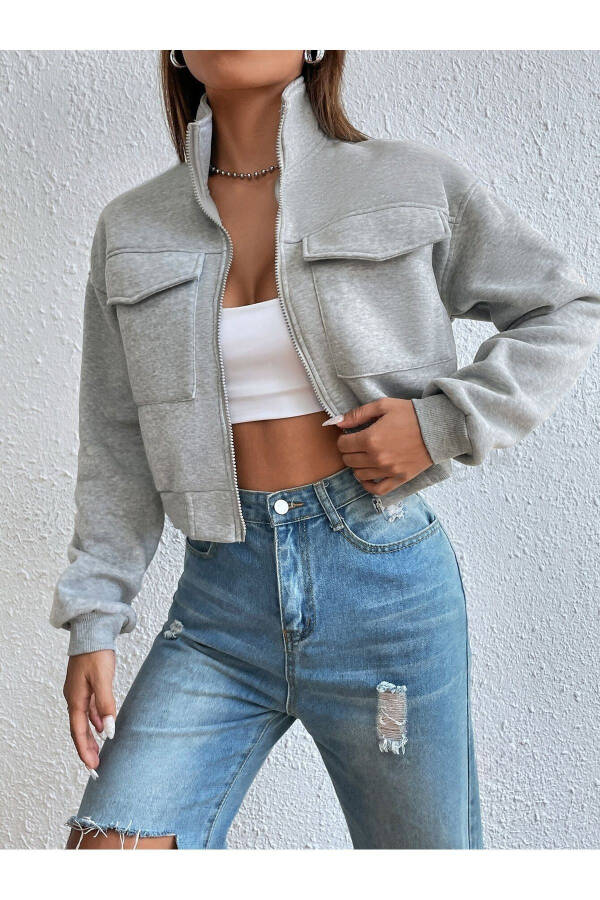 Women's Crop Jacket with Collar - 3