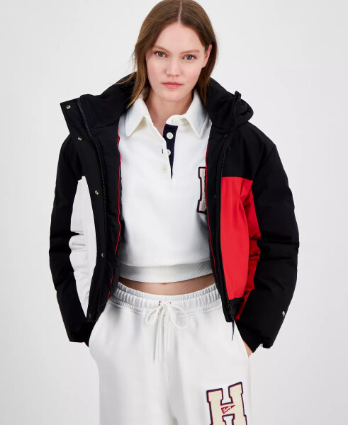 Women's Cropped Flag Puffer Jacket Black - 1