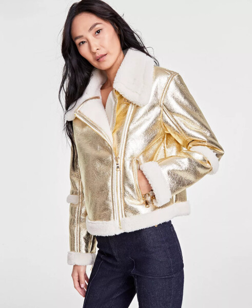 Women's Cropped Metallic Aviator Jacket, Created for Modazone Gold Metal - 1