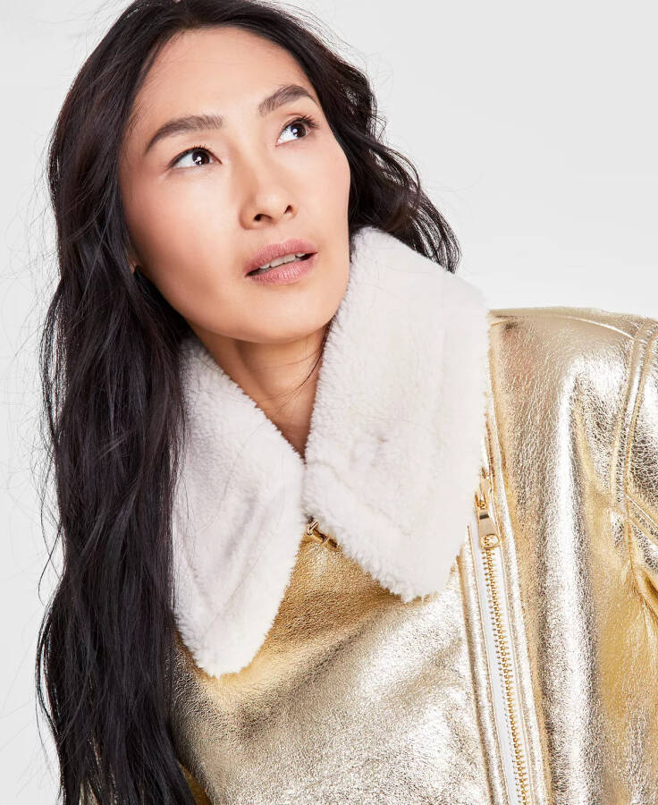 Women's Cropped Metallic Aviator Jacket, Created for Modazone Gold Metal - 3