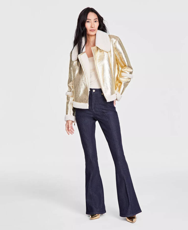 Women's Cropped Metallic Aviator Jacket, Created for Modazone Gold Metal - 4