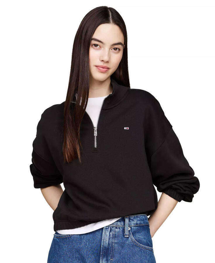 Women's Cropped Quarter-Zip Crewneck Sweatshirt Black - 1