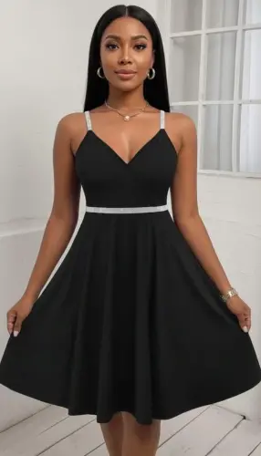 Women's Cross-Back Detail V-Neck Short Flared Chiffon Crepe Dress - 2