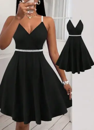 Women's Cross-Back Detail V-Neck Short Flared Chiffon Crepe Dress - 3