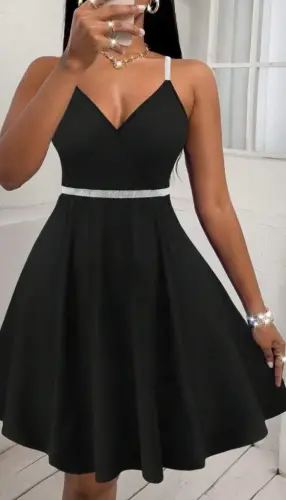 Women's Cross-Back Detail V-Neck Short Flared Chiffon Crepe Dress - 5