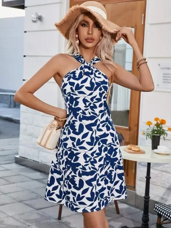 Women's Cross-Neck Drop-Detail Off-Shoulder Patterned Short Jersey Dress - 2