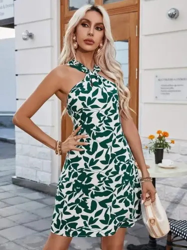 Women's Cross-Neck Drop-Detail Off-Shoulder Patterned Short Supre Dress - BÜYÜKBEDENIZ (1)