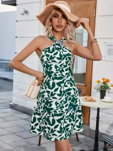 Women's Cross-Neck Drop-Detail Off-Shoulder Patterned Short Supre Dress - 4