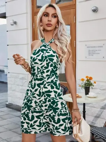 Women's Cross-Neck Drop-Detail Off-Shoulder Patterned Short Supre Dress - 5