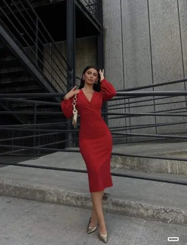 Women's Crossover Collar Balloon Sleeve Glittery Crepe Fabric Midi Dress - 3