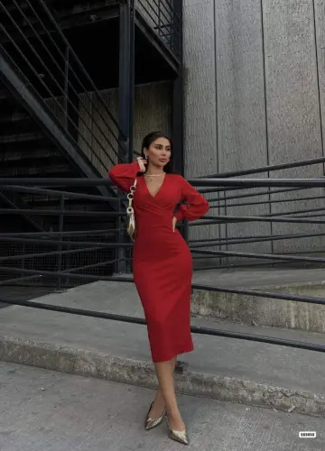 Women's Crossover Collar Balloon Sleeve Glittery Crepe Fabric Midi Dress - 4