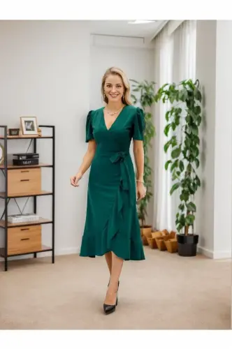 Women's Crossover Collar Midi Length Belted Crepe Dress 120 Cm - 1