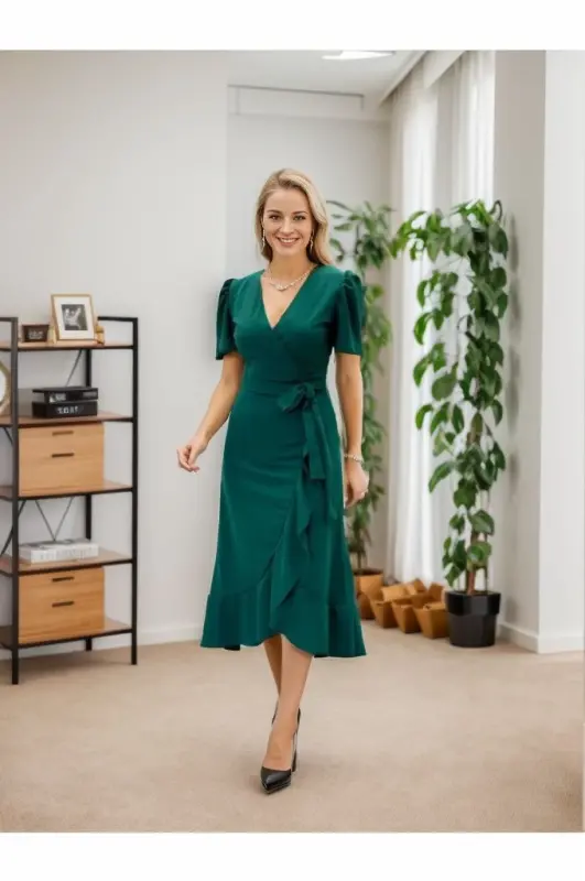 Women's Crossover Collar Midi Length Belted Crepe Dress 120 Cm - 1