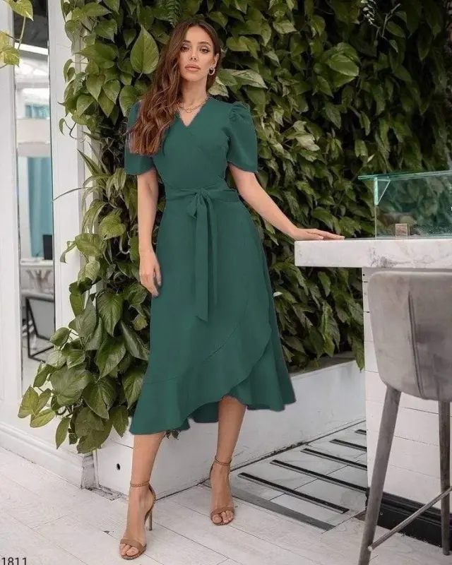 Women's Crossover Collar Midi Length Belted Crepe Dress 120 Cm - 2