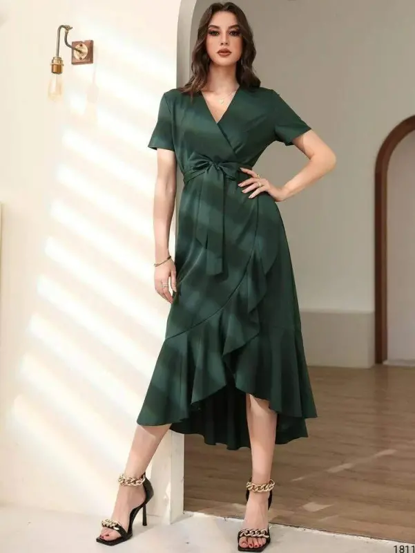 Women's Crossover Collar Midi Length Belted Crepe Dress 120 Cm - 3