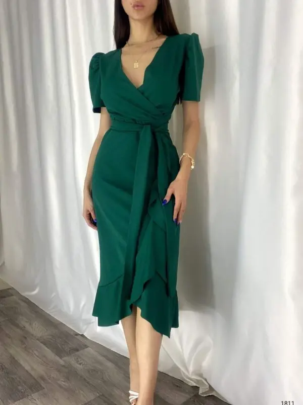 Women's Crossover Collar Midi Length Belted Crepe Dress 120 Cm - 4