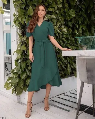 Women's Crossover Collar Midi Length Belted Crepe Dress 120 Cm - BÜYÜKBEDENIZ (1)