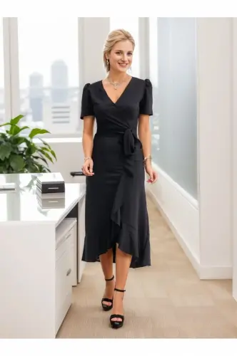 Women's Crossover Collar Midi Length Belted Crepe Dress 120 Cm - 3