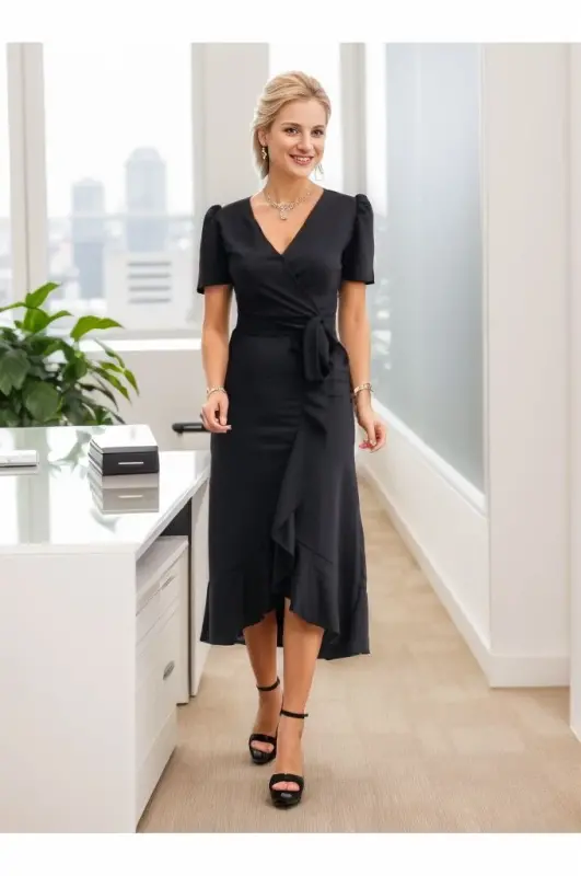 Women's Crossover Collar Midi Length Belted Crepe Dress 120 Cm - 3