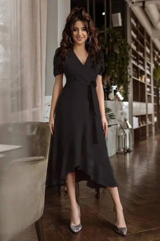 Women's Crossover Collar Midi Length Belted Crepe Dress 120 Cm - 4