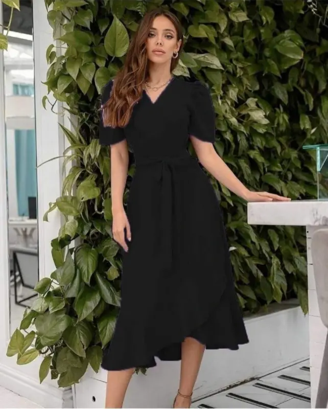 Women's Crossover Collar Midi Length Belted Crepe Dress 120 Cm - 6