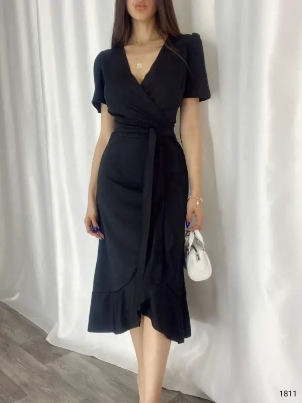 Women's Crossover Collar Midi Length Belted Crepe Dress 120 Cm - 7