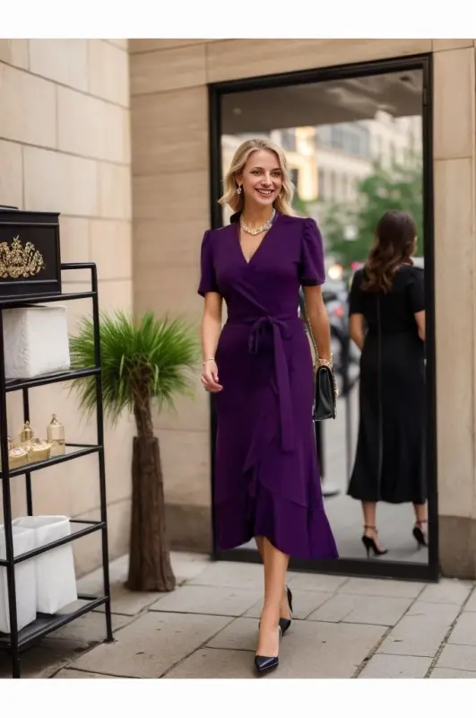 Women's Crossover Collar Midi Length Belted Crepe Dress 120 Cm - BÜYÜKBEDENIZ