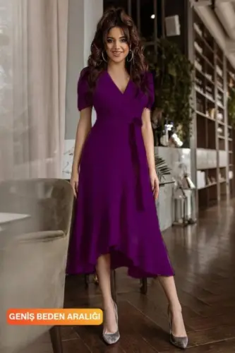 Women's Crossover Collar Midi Length Belted Crepe Dress 120 Cm - BÜYÜKBEDENIZ (1)