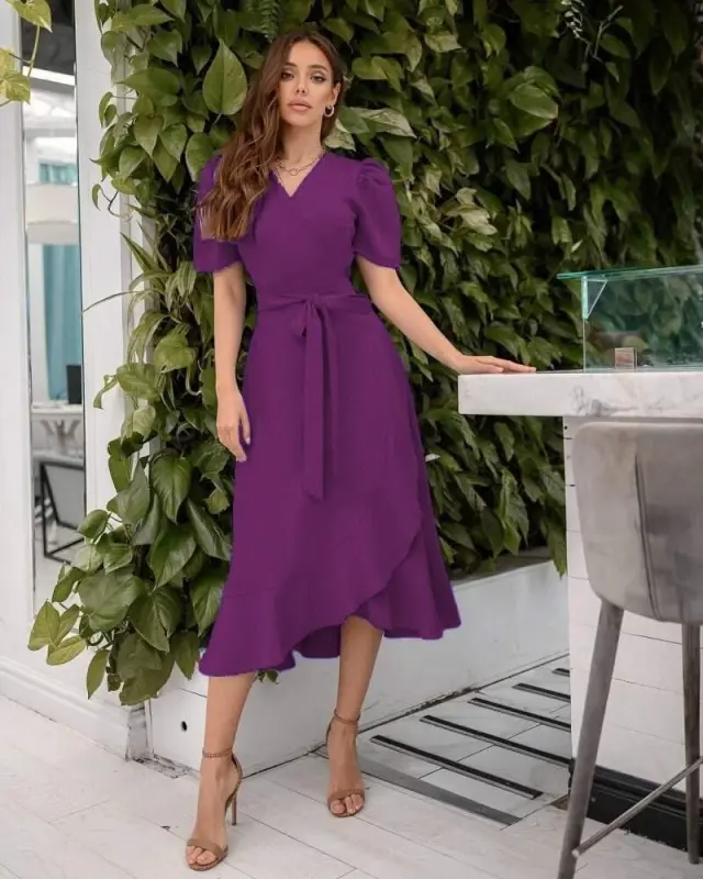 Women's Crossover Collar Midi Length Belted Crepe Dress 120 Cm - 5