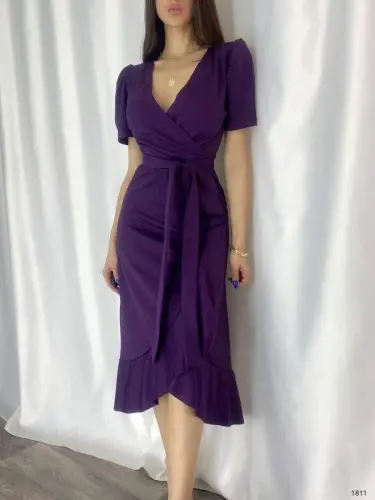 Women's Crossover Collar Midi Length Belted Crepe Dress 120 Cm - 6